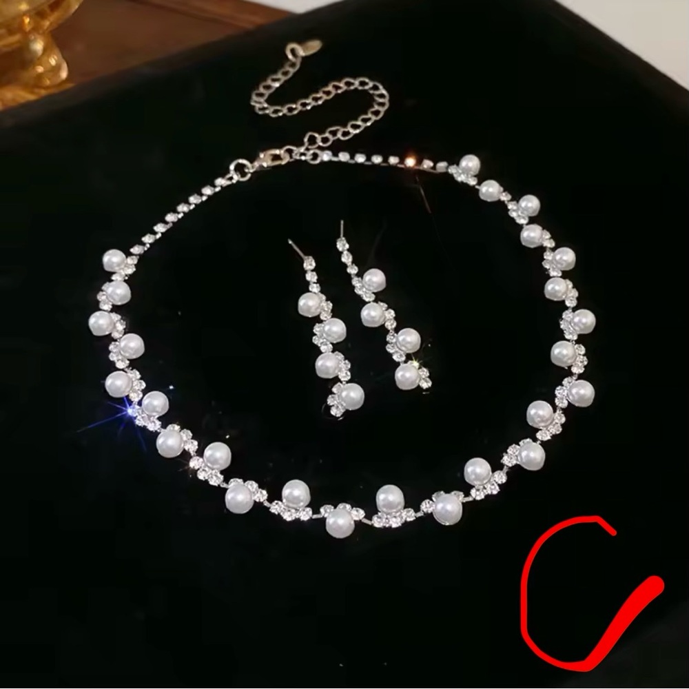 3 Pcs Rhinestone Pearl Rectangular Earrings Necklace Set Vintage Choker Luxury
